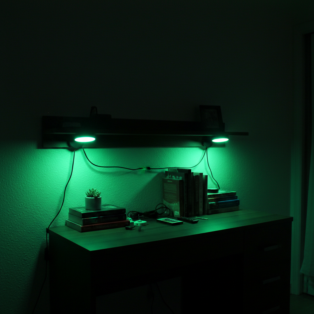 Dual pucks bedroom shelf green